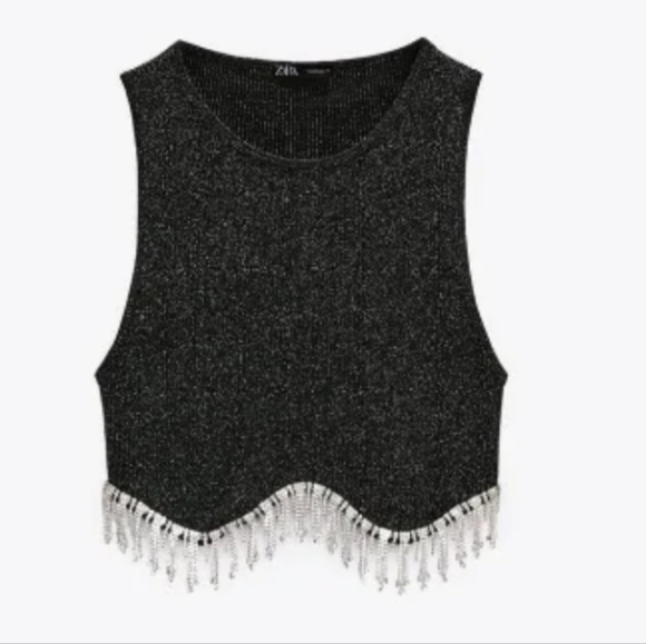Zara Glittery Black Crop Top with Rhinestone Fringe - Picture 2 of 3